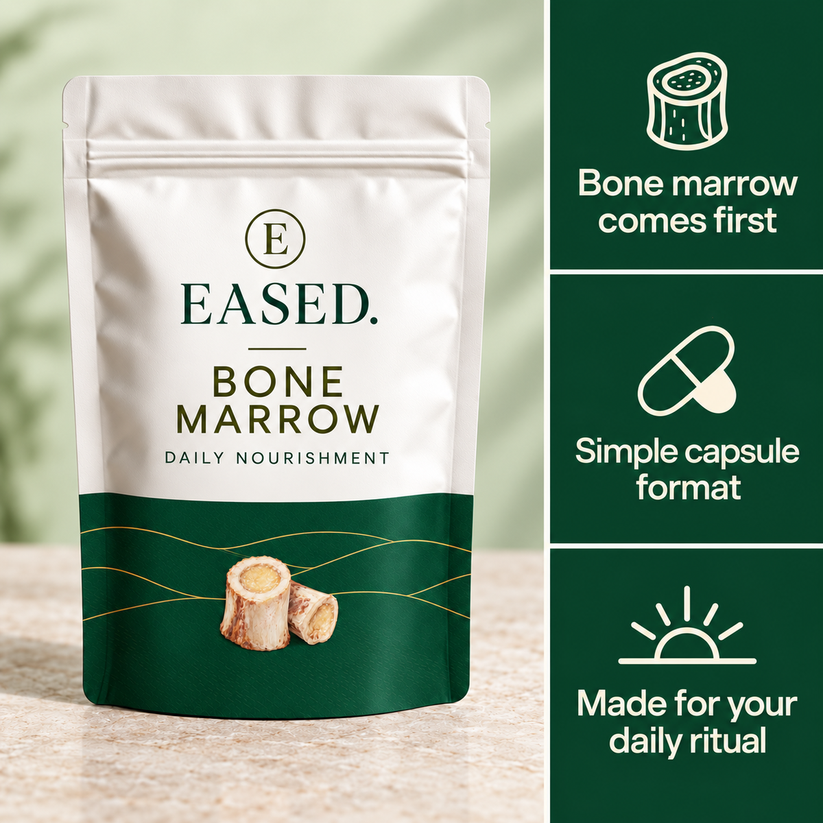 EASED Bone Marrow hero with small ingredient illustration on the pouch